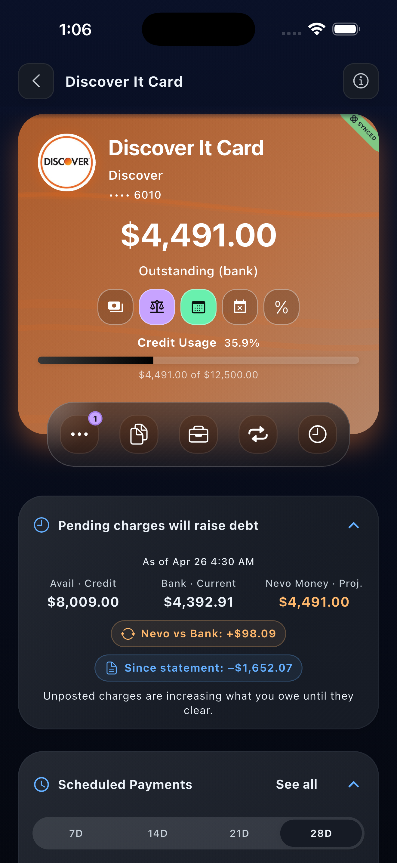 Credit card account detail with credit usage, projected balance, pending charges, and scheduled payments