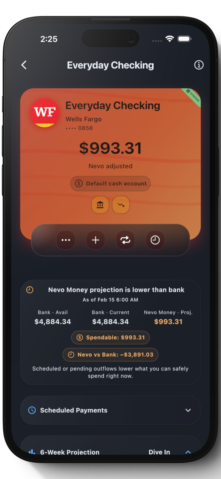 Wells Fargo account detail with branded orange gradient hero card
