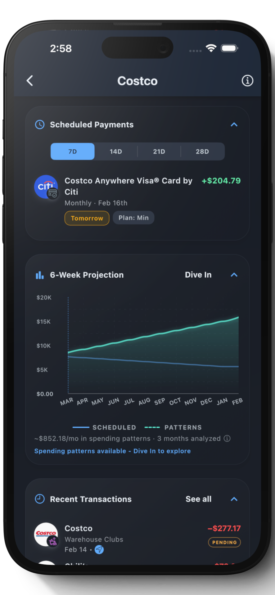 Account detail with scheduled payments and projection chart