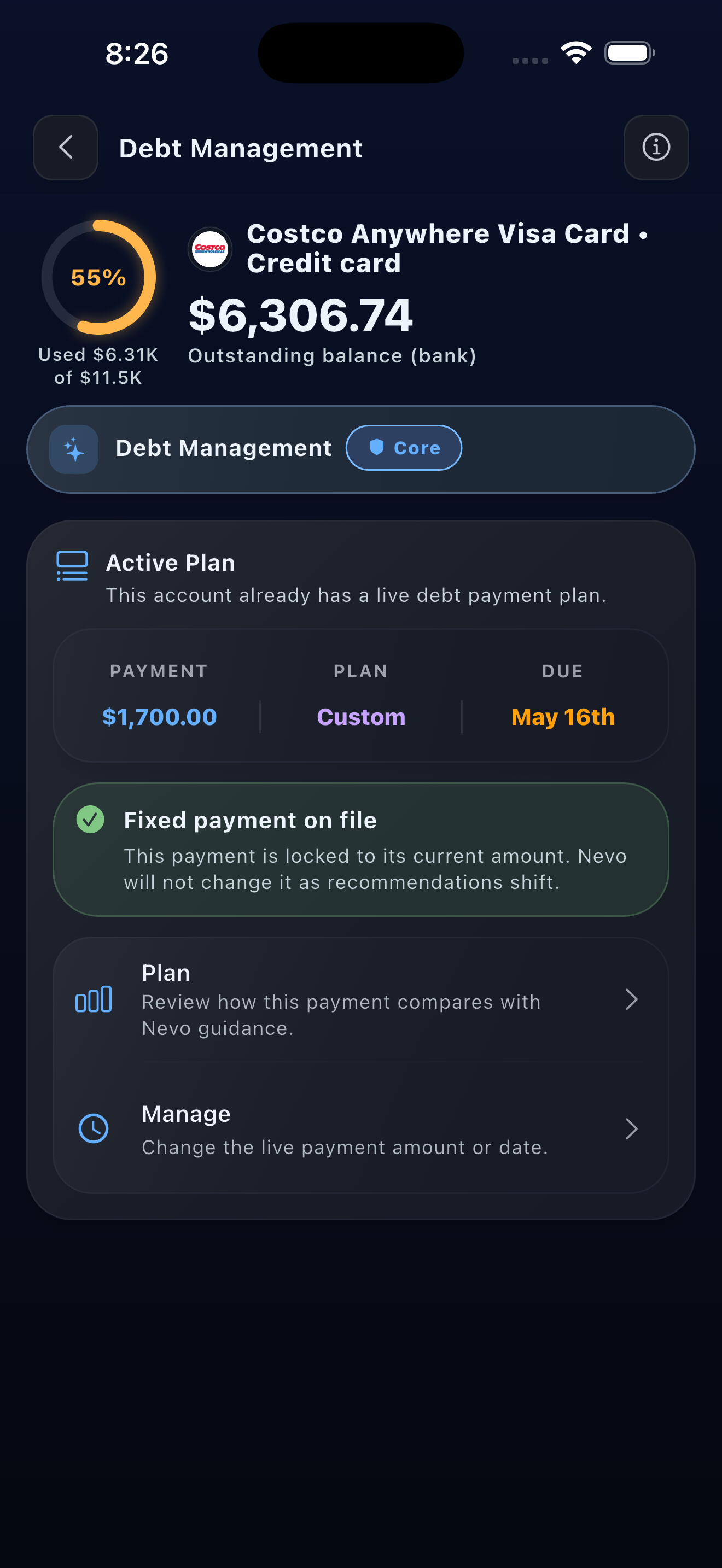 Debt Management active plan with credit utilization, payment amount, due date, and fixed-payment status
