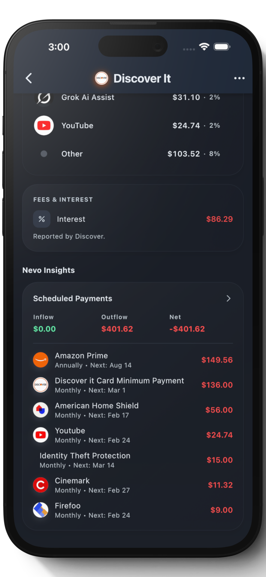 Nevo Insights screen with scheduled payment details and notifications