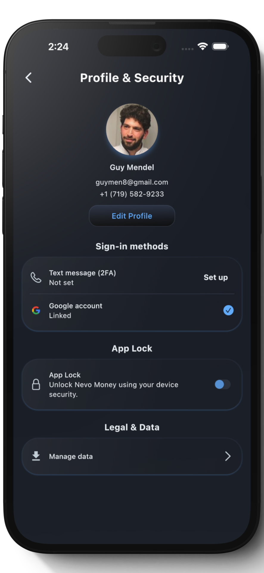 Profile and Security settings screen
