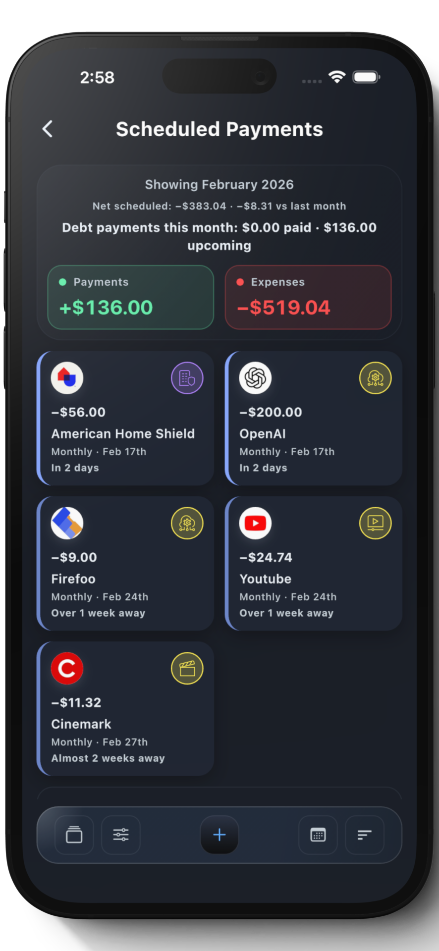 Scheduled payments grid with merchant logos