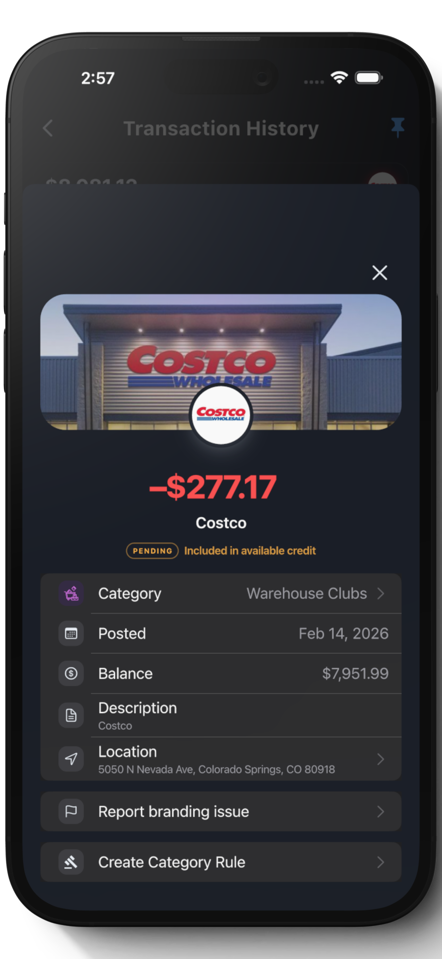 Costco transaction detail with real storefront photograph
