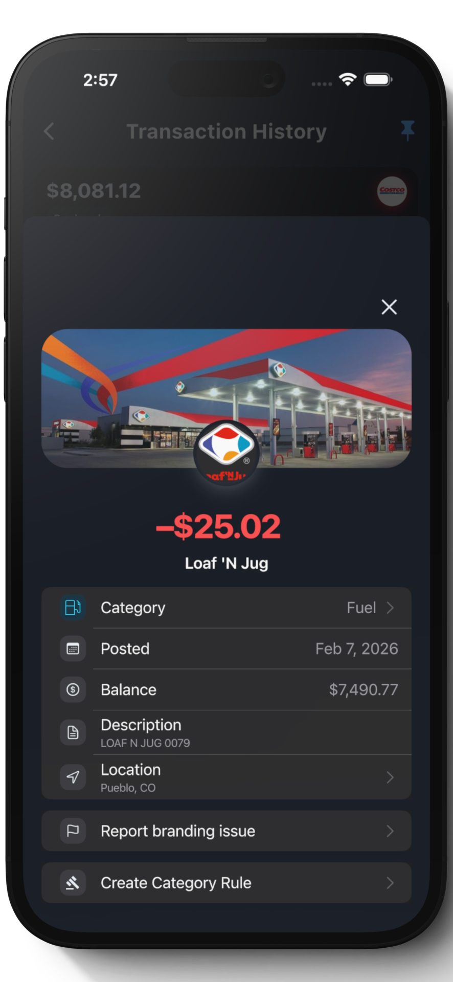 Loaf N Jug transaction with real storefront photograph