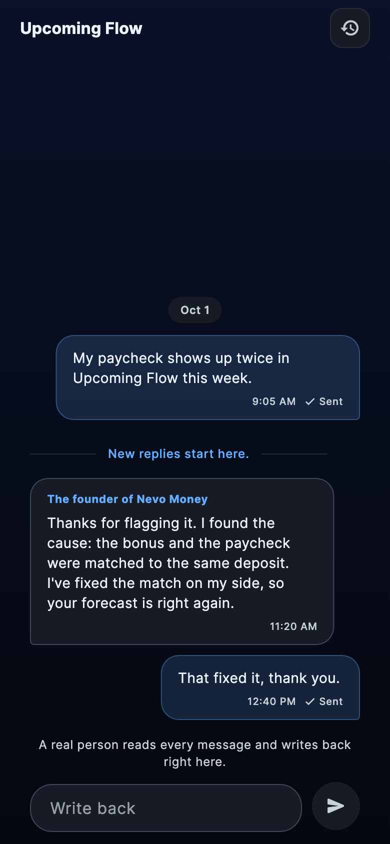 A conversation about Upcoming Flow: the person's report, the founder's reply, and the person's thanks.