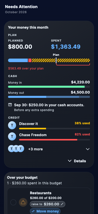The Needs attention list, with your month's budget decisions.