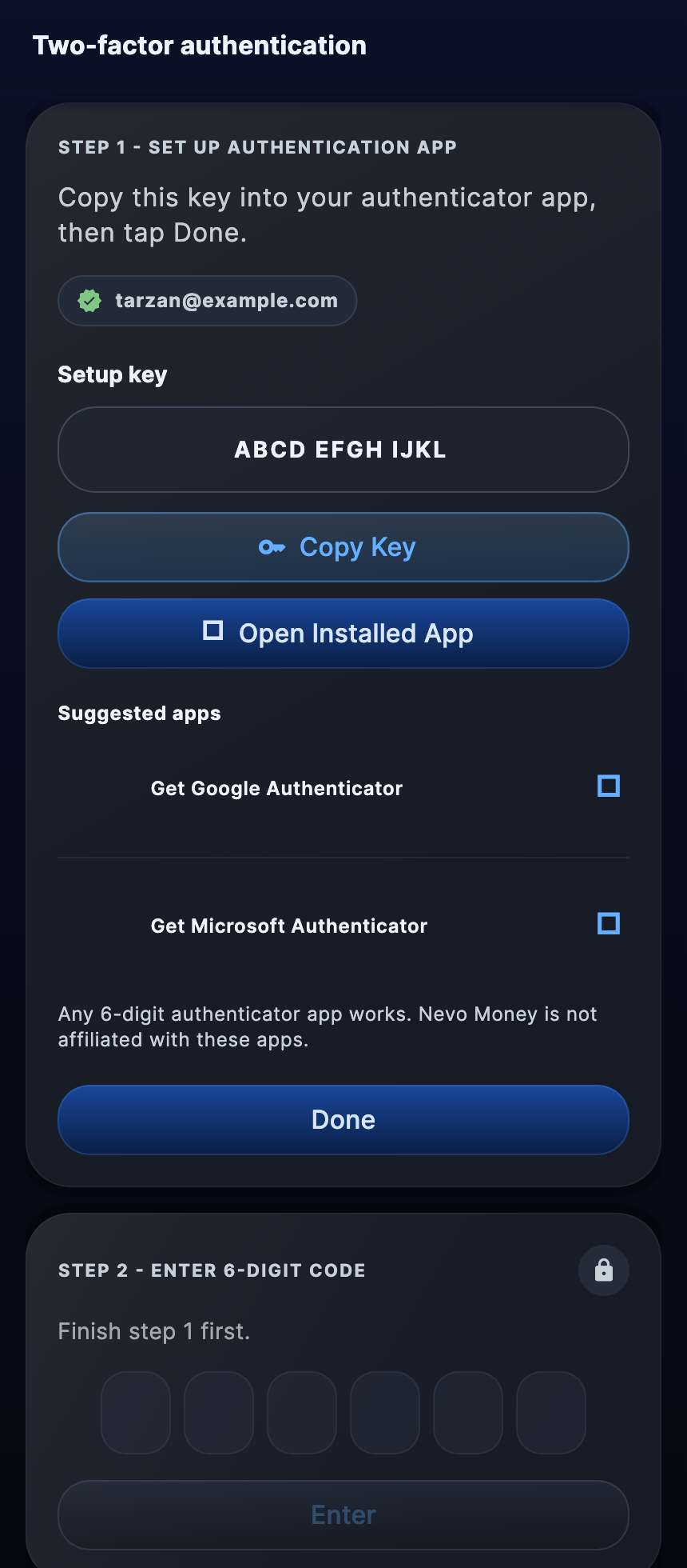 The authenticator setup screen: the secret key and the code field, step by step.