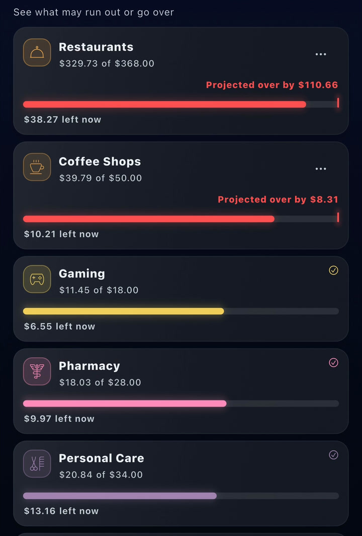 The Runway view: one bar per budget, with spent, still scheduled and the month-end estimate.