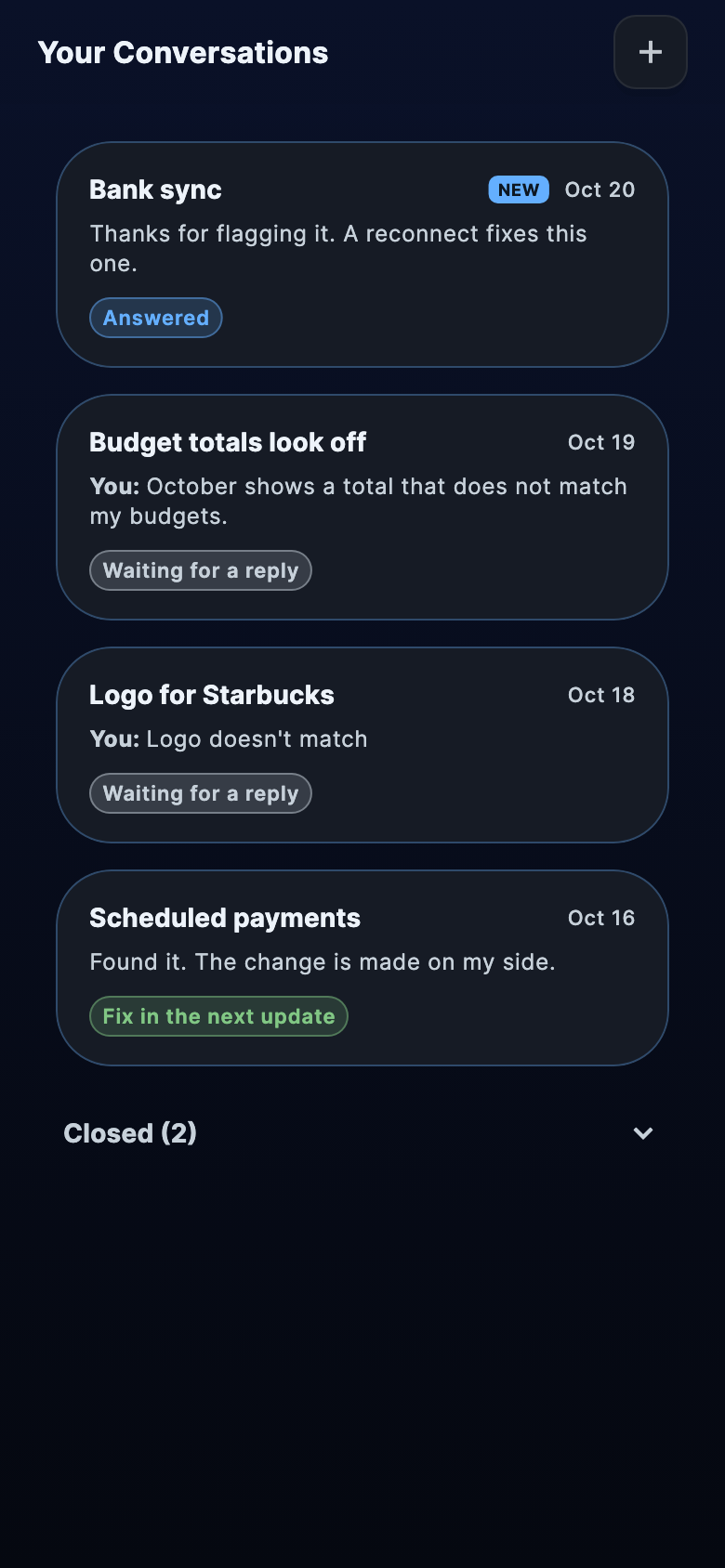Your Conversations, with replies from Nevo Money support.