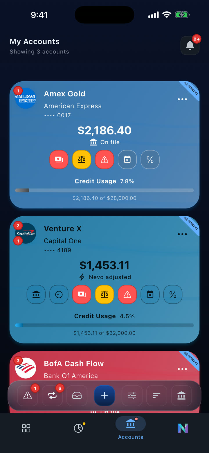 All Accounts: each account card in its bank's colors, with its balance and what's scheduled.