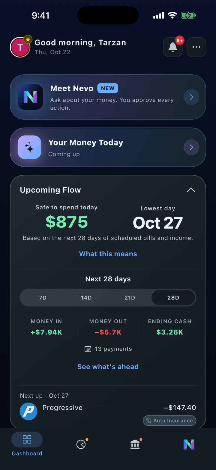 The Upcoming Flow card, with Safe to Spend at the top.